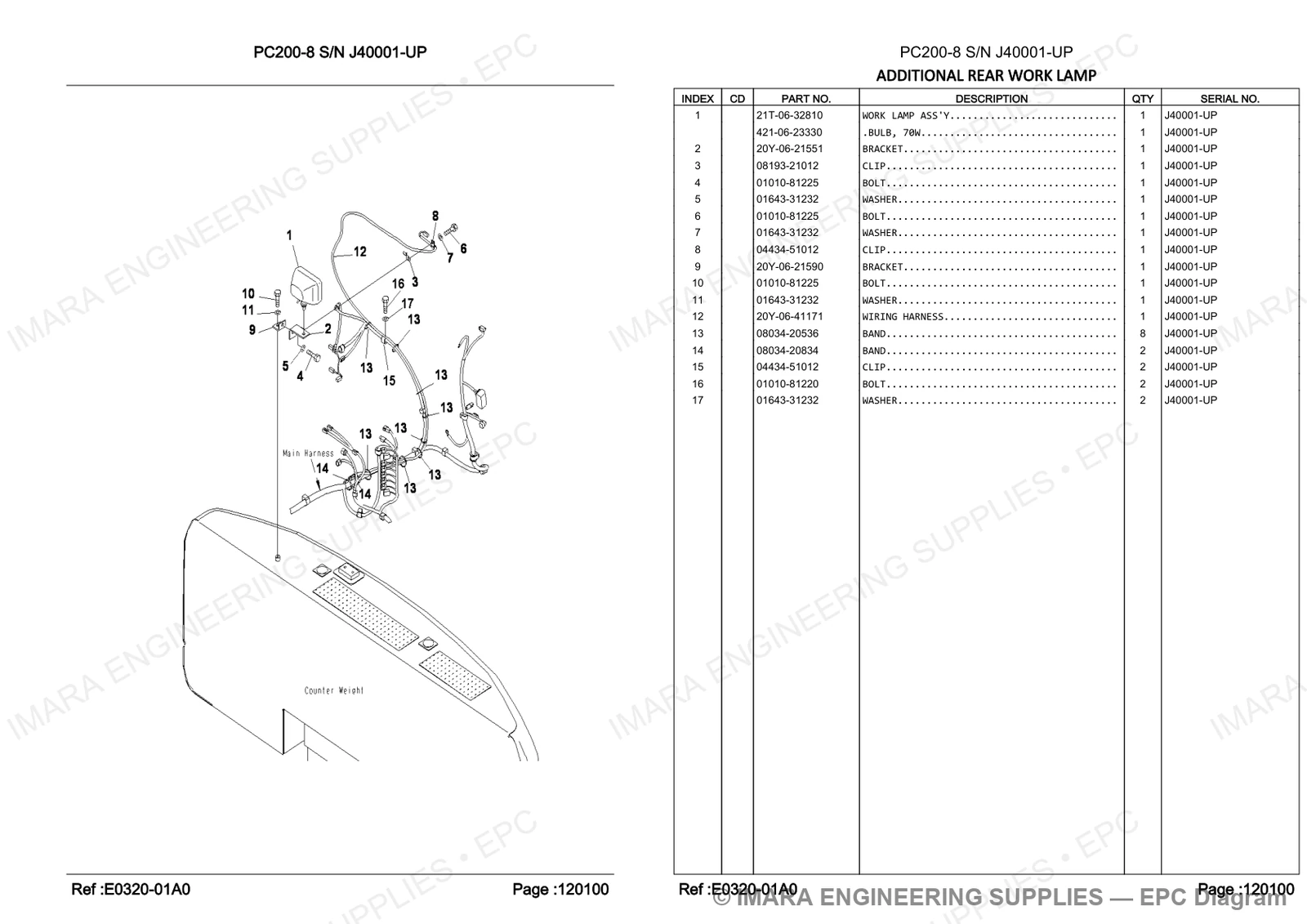 Komatsu PC200-8 Parts Diagram - ADDITIONAL REAR WORK LAMP