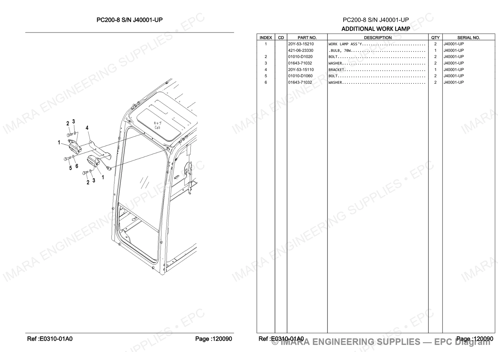 Komatsu PC200-8 Parts Diagram - ADDITIONAL WORK LAMP