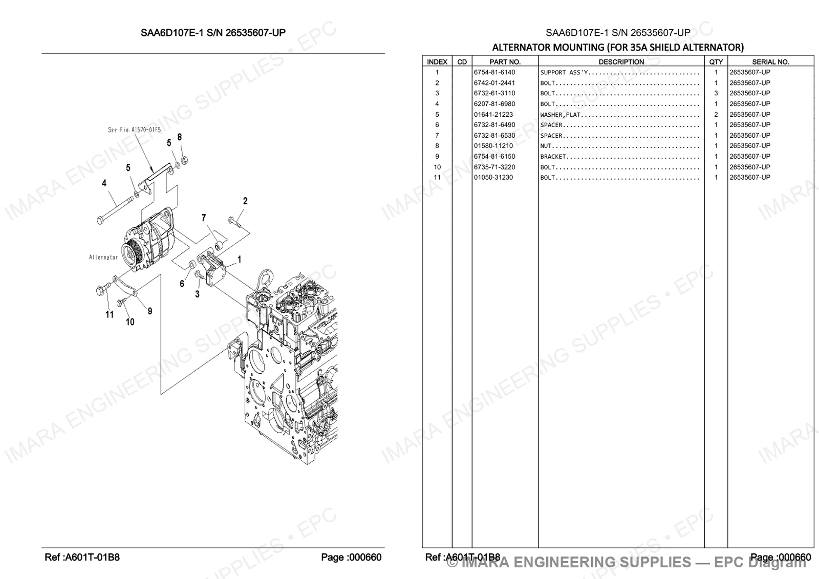 Komatsu PC200-8 Parts Diagram - ALTERNATOR MOUNTING (FOR 35A SHIELD ALTERNATOR)