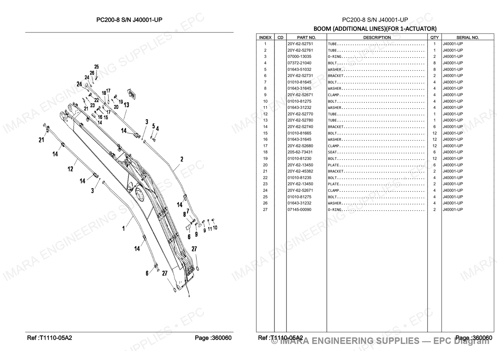 Komatsu PC200-8 Parts Diagram - BOOM (ADDITIONAL LINES)(FOR 1-ACTUATOR)