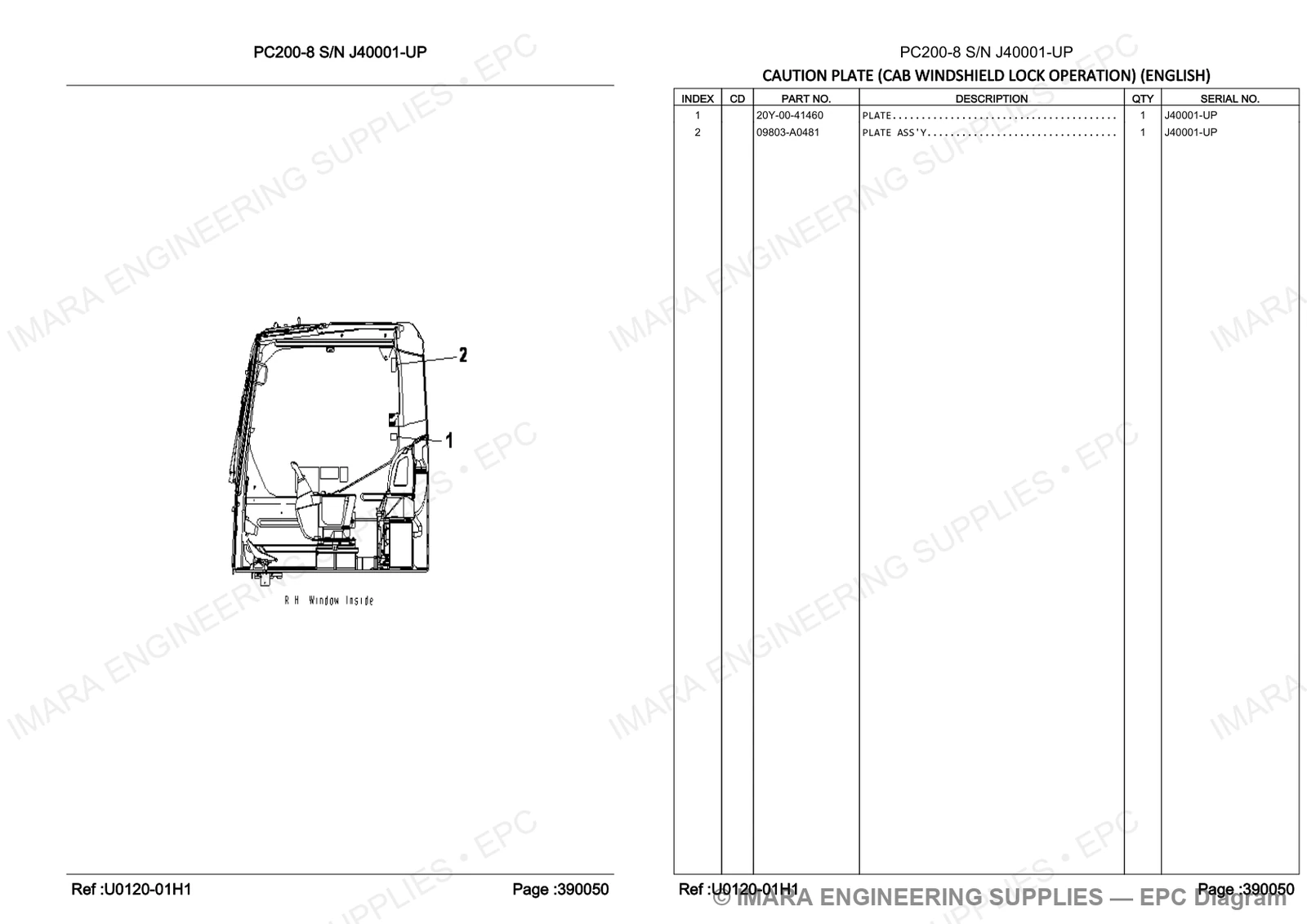 Komatsu PC200-8 Parts Diagram - CAUTION PLATE (CAB WINDSHIELD LOCK OPERATION) (ENGLISH)