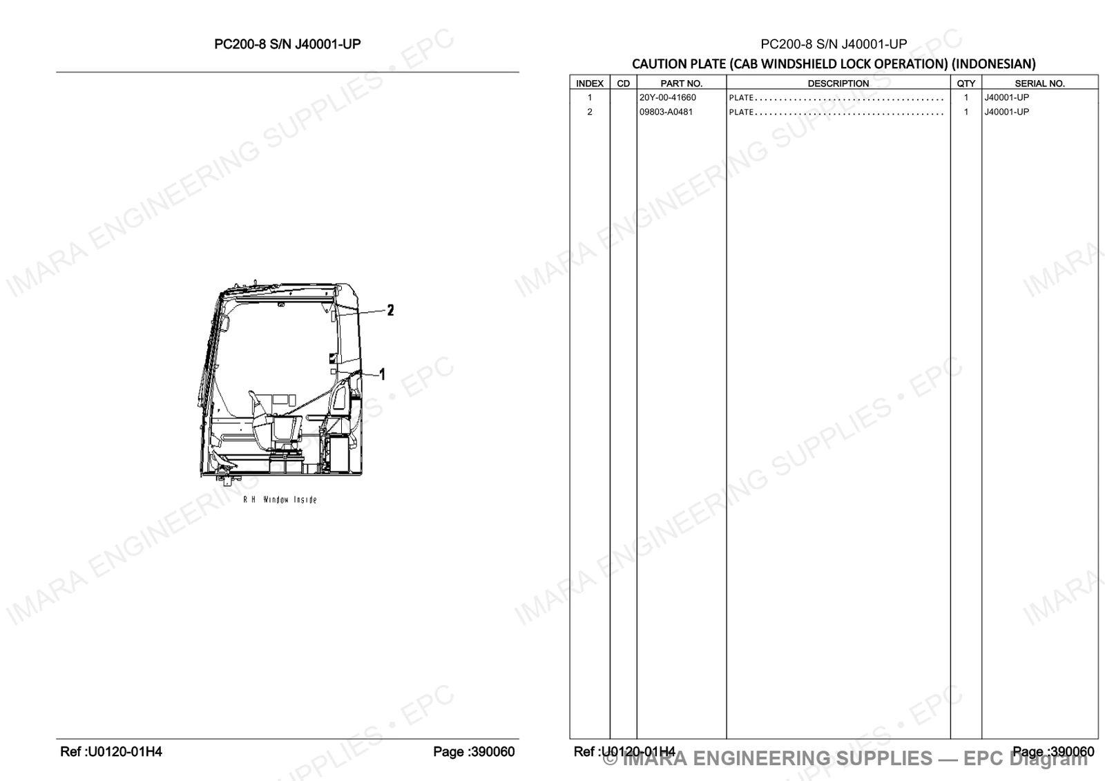 Komatsu PC200-8 Parts Diagram - CAUTION PLATE (CAB WINDSHIELD LOCK OPERATION) (INDONESIAN)
