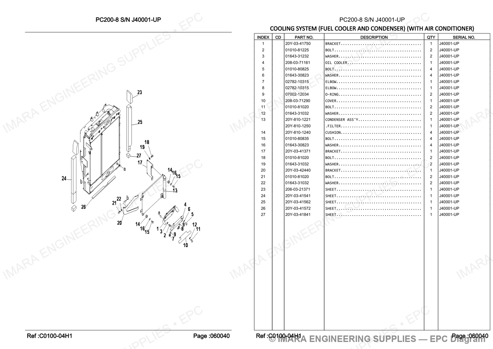 Komatsu PC200-8 Parts Diagram - COOLING SYSTEM (FUEL COOLER AND CONDENSER) (WITH AIR CONDITIONER)