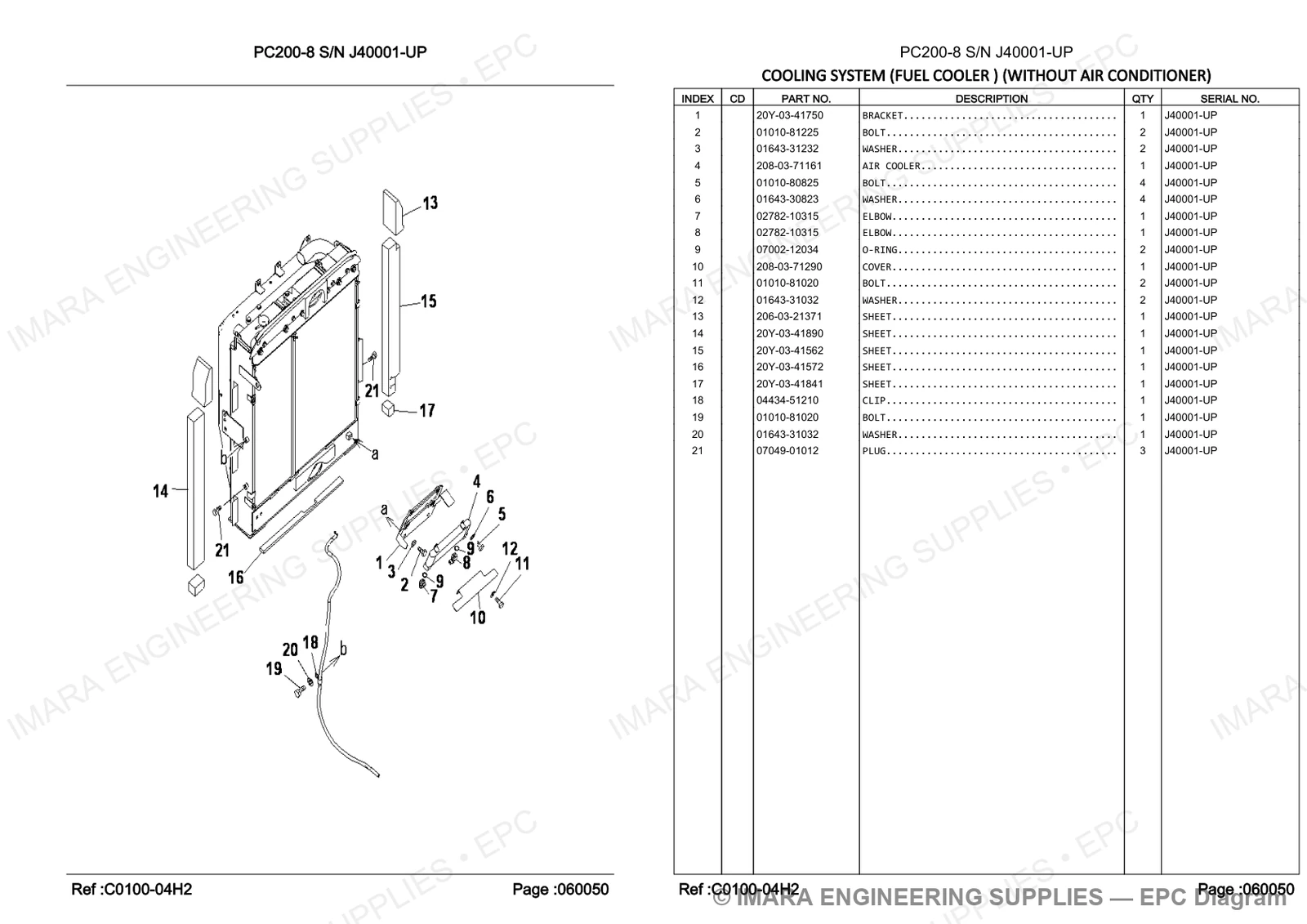 Komatsu PC200-8 Parts Diagram - COOLING SYSTEM (FUEL COOLER ) (WITHOUT AIR CONDITIONER)