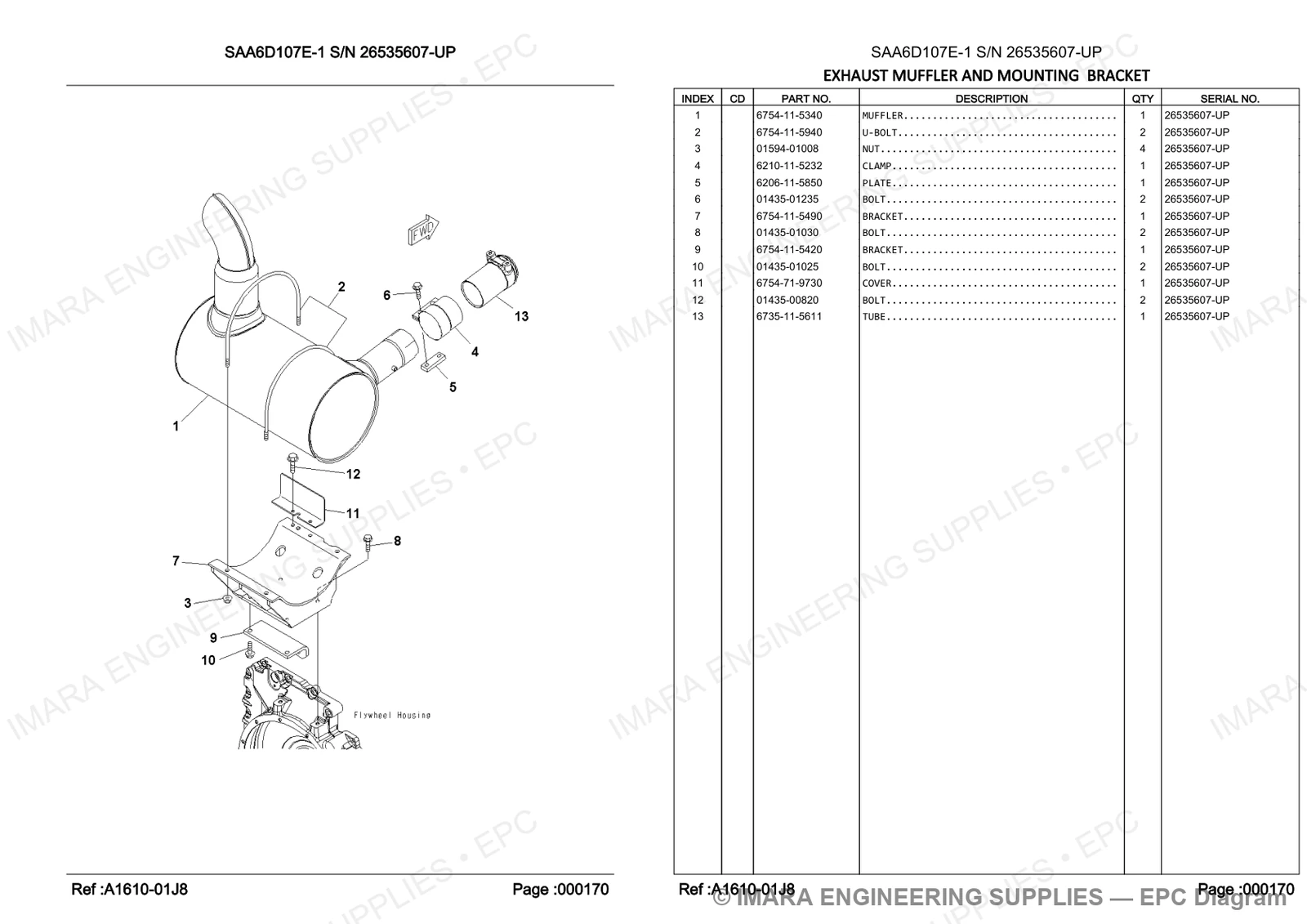 Komatsu PC200-8 Parts Diagram - EXHAUST MUFFLER AND MOUNTING BRACKET