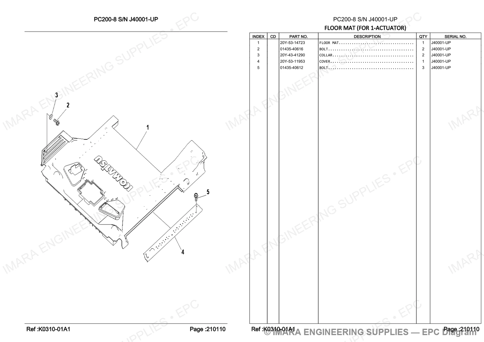 Komatsu PC200-8 Parts Diagram - FLOOR MAT (FOR 1-ACTUATOR)