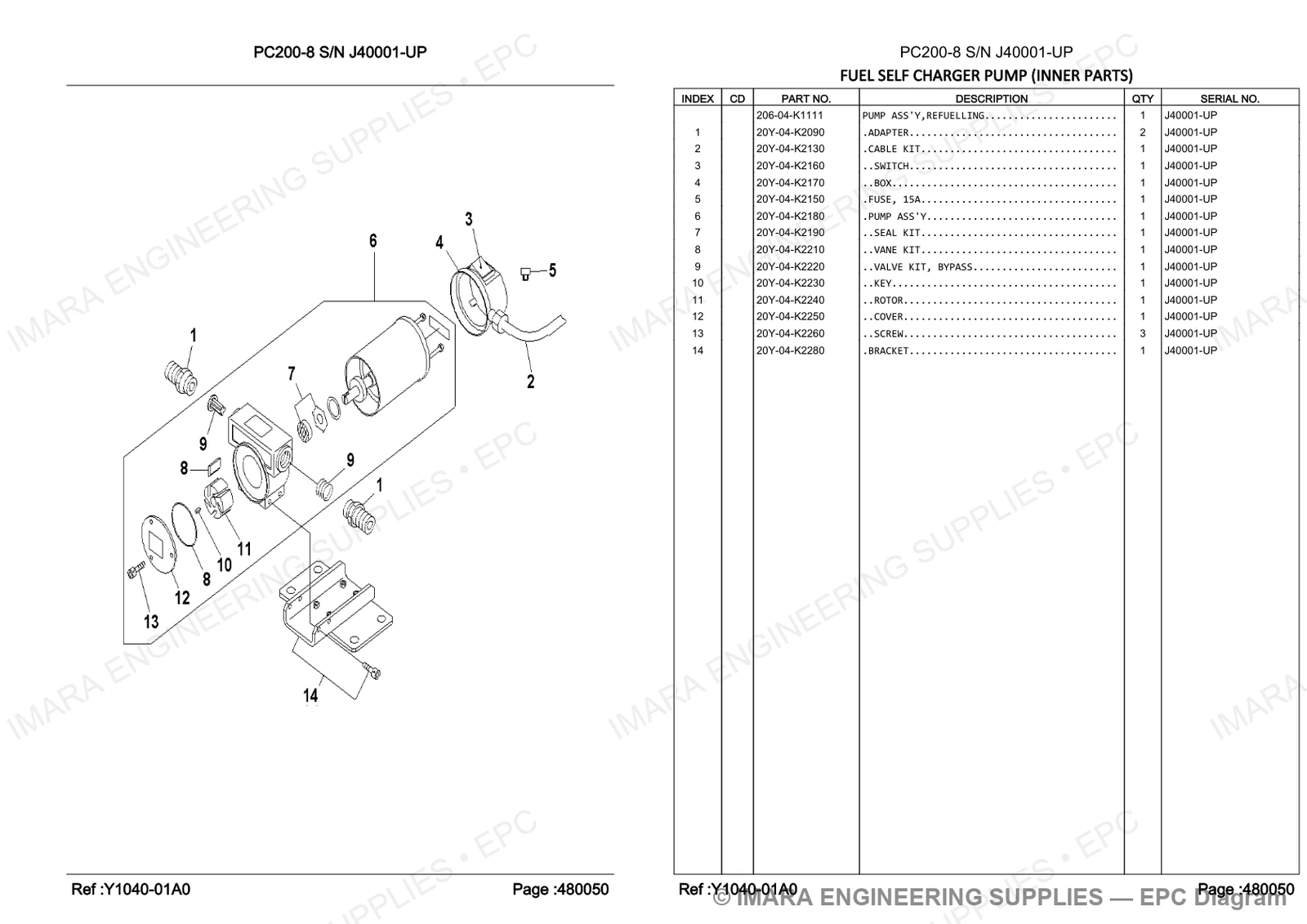 Komatsu PC200-8 Parts Diagram - FUEL SELF CHARGER PUMP (INNER PARTS)
