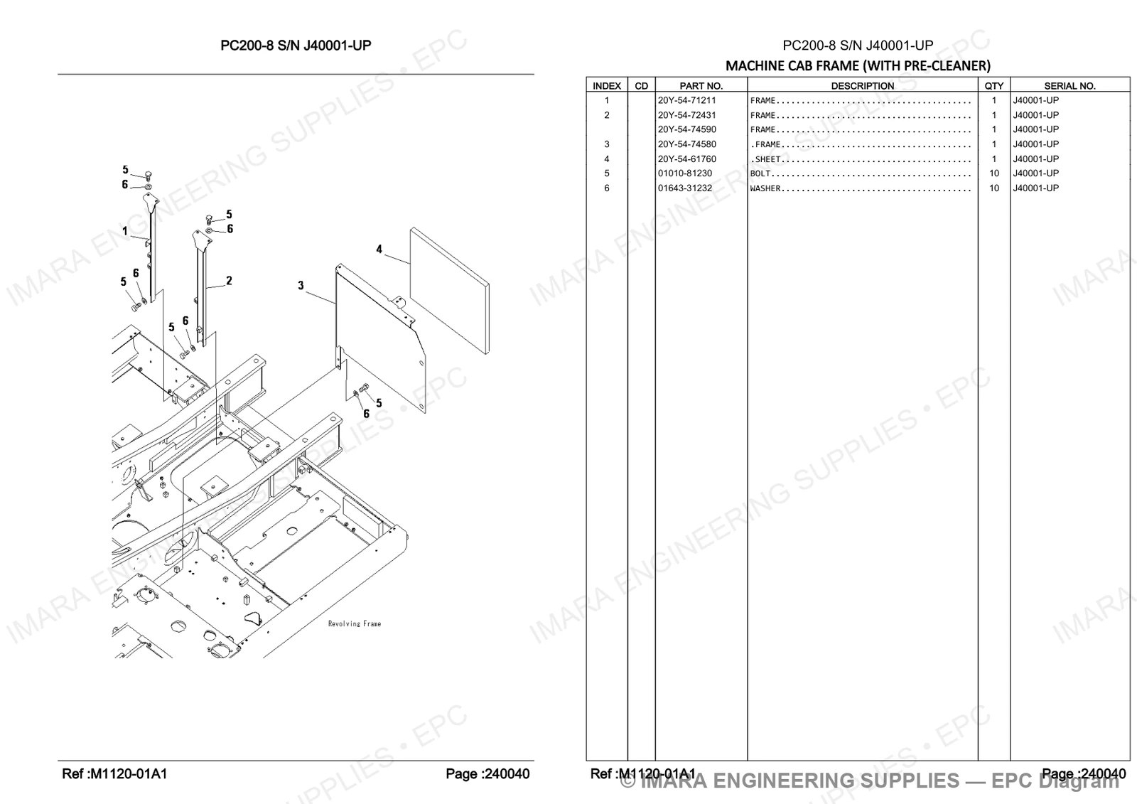 Komatsu PC200-8 Parts Diagram - MACHINE CAB FRAME (WITH PRE-CLEANER)