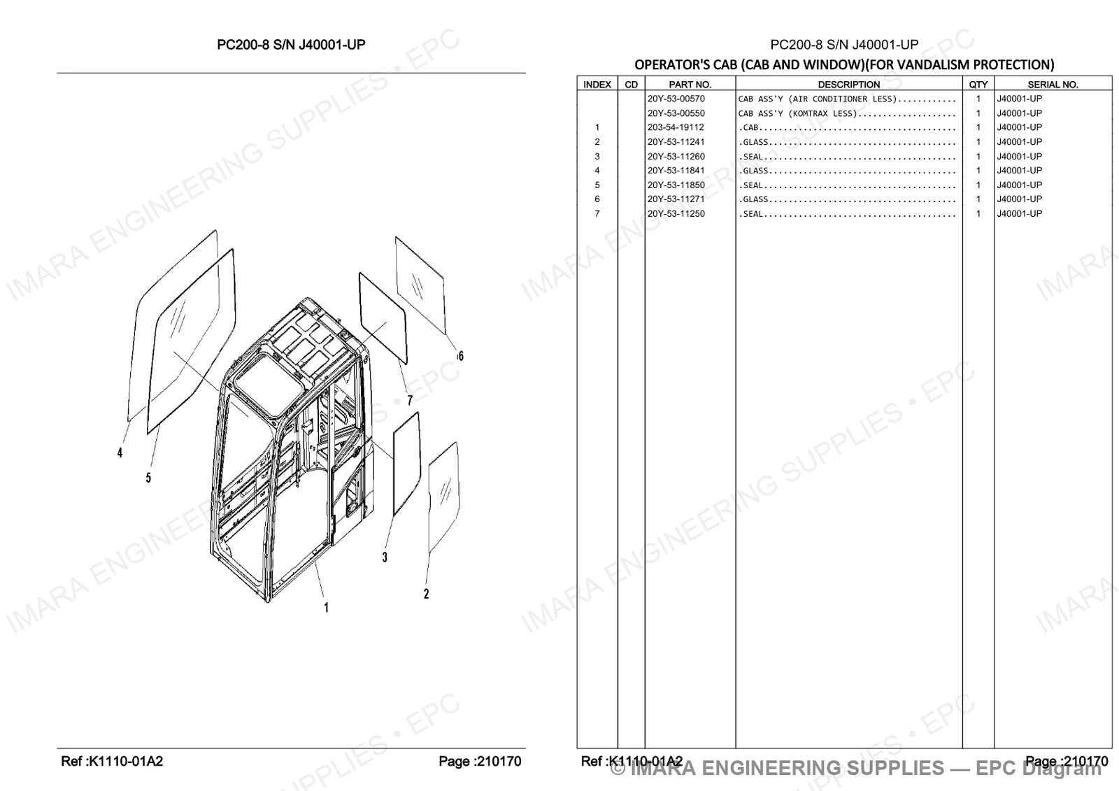 Komatsu PC200-8 Parts Diagram - OPERATOR'S CAB (CAB AND WINDOW)(FOR VANDALISM PROTECTION)