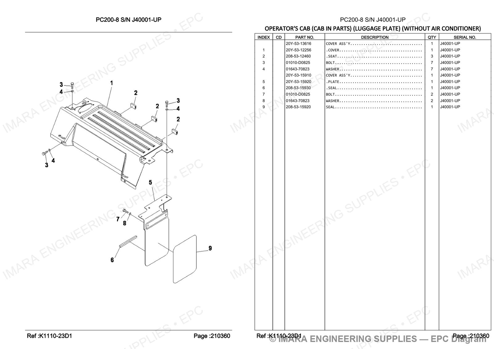 Komatsu PC200-8 Parts Diagram - OPERATOR'S CAB (CAB IN PARTS) (LUGGAGE PLATE) (WITHOUT AIR CONDITIONER)