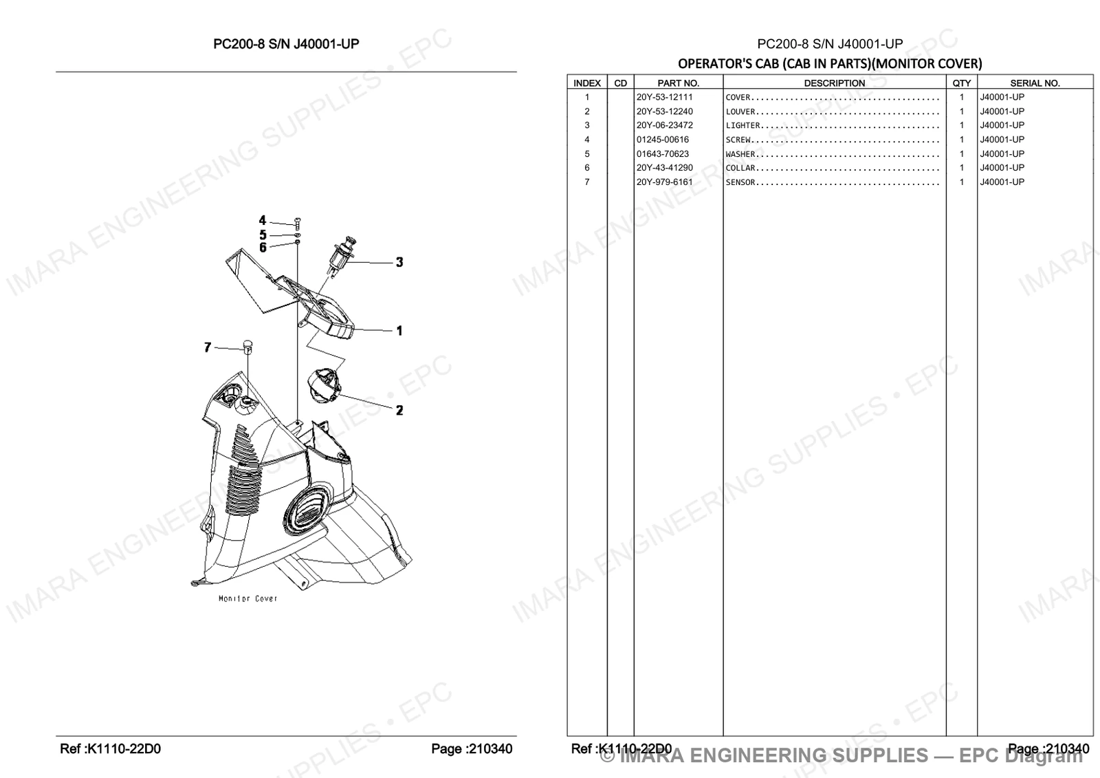 Komatsu PC200-8 Parts Diagram - OPERATOR'S CAB (CAB IN PARTS)(MONITOR COVER)