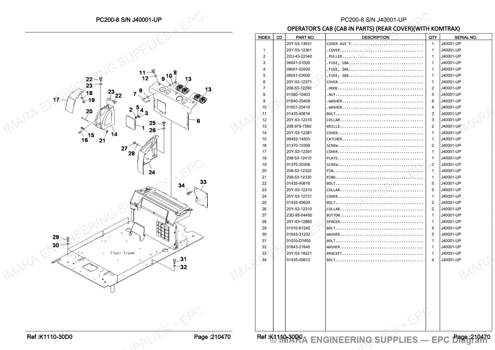 Komatsu PC200-8 Parts Diagram - OPERATOR'S CAB (CAB IN PARTS) (REAR COVER)(WITH KOMTRAX)