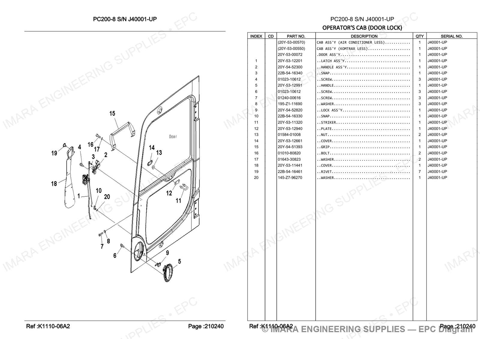 Komatsu PC200-8 Parts Diagram - OPERATOR'S CAB (DOOR LOCK)