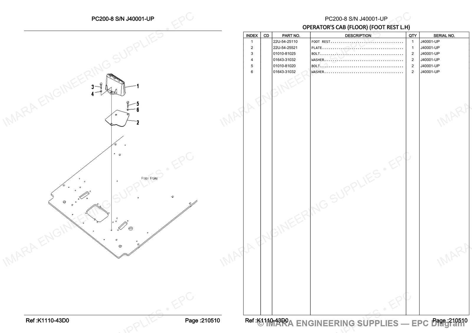 Komatsu PC200-8 Parts Diagram - OPERATOR'S CAB (FLOOR) (FOOT REST L.H)