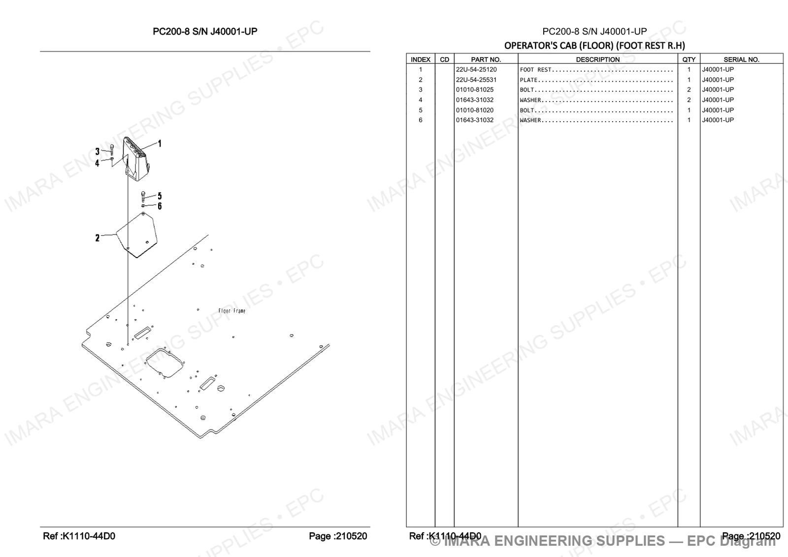 Komatsu PC200-8 Parts Diagram - OPERATOR'S CAB (FLOOR) (FOOT REST R.H)
