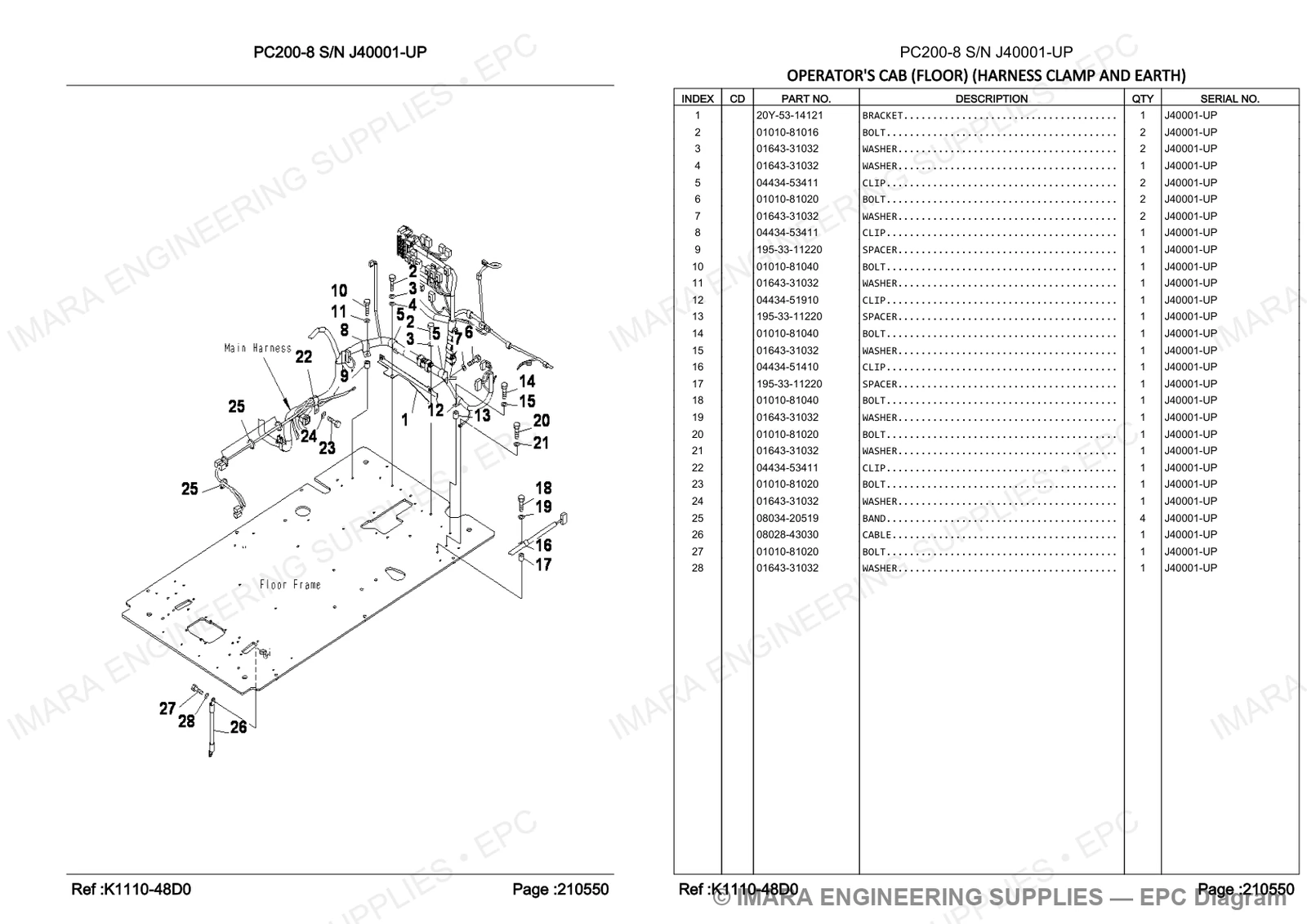 Komatsu PC200-8 Parts Diagram - OPERATOR'S CAB (FLOOR) (HARNESS CLAMP AND EARTH)