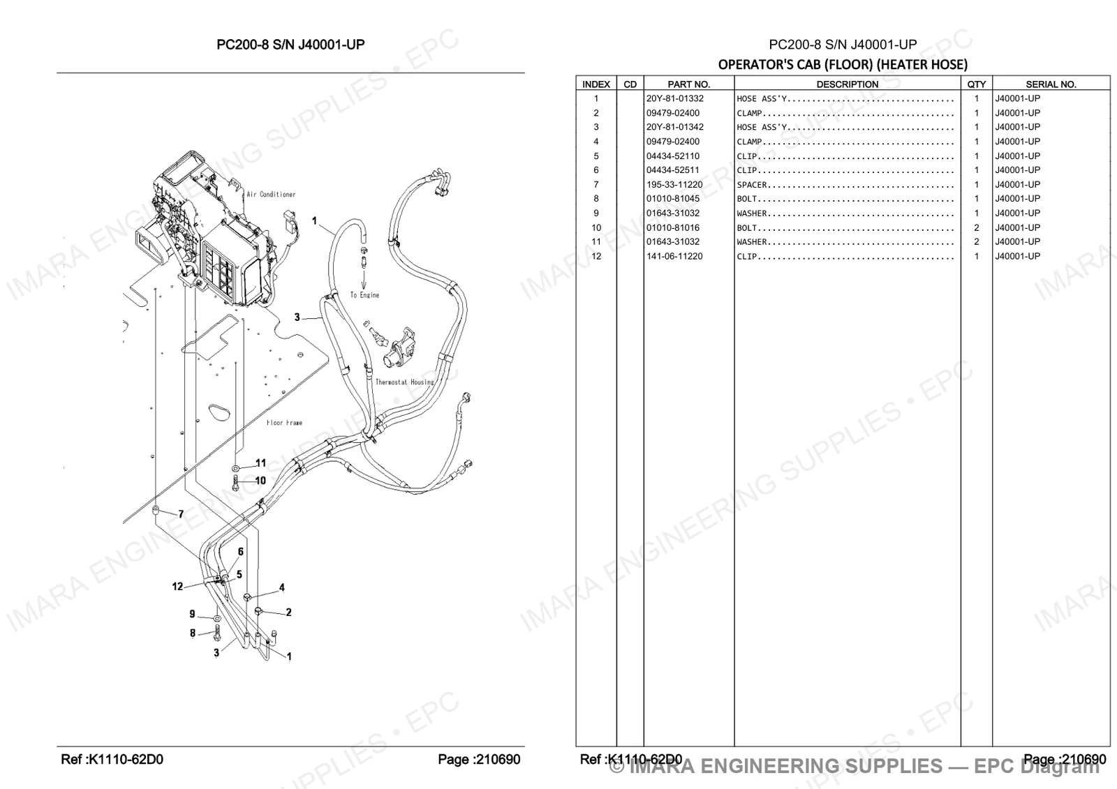 Komatsu PC200-8 Parts Diagram - OPERATOR'S CAB (FLOOR) (HEATER HOSE)