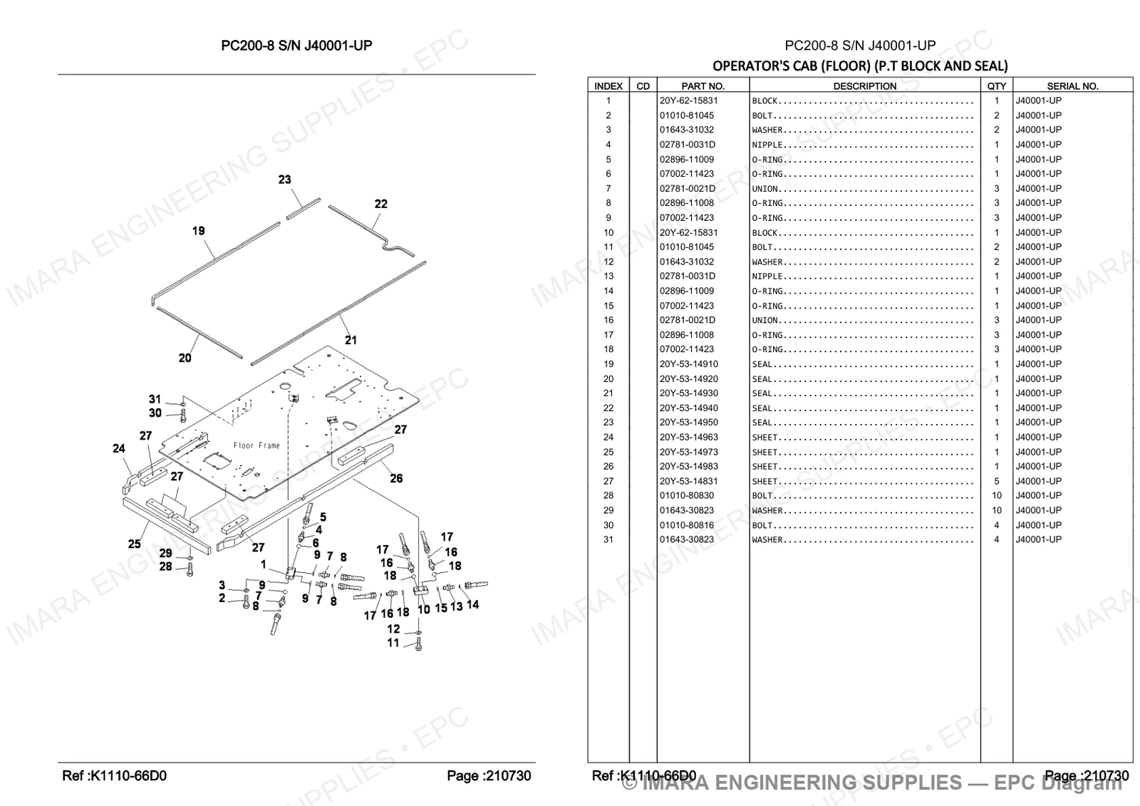 Komatsu PC200-8 Parts Diagram - OPERATOR'S CAB (FLOOR) (P.T BLOCK AND SEAL)