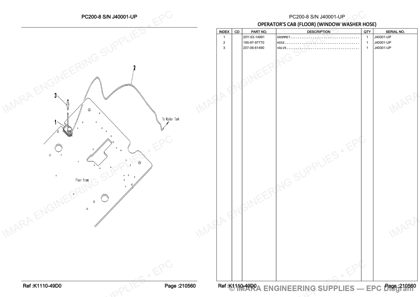 Komatsu PC200-8 Parts Diagram - OPERATOR'S CAB (FLOOR) (WINDOW WASHER HOSE)