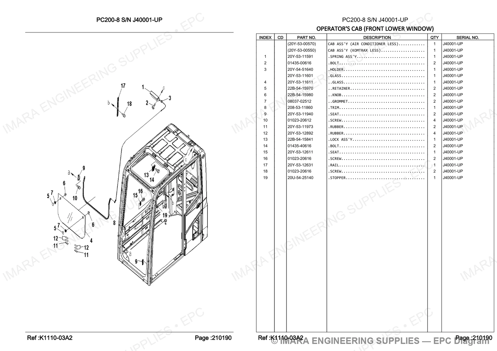 Komatsu PC200-8 Parts Diagram - OPERATOR'S CAB (FRONT LOWER WINDOW)