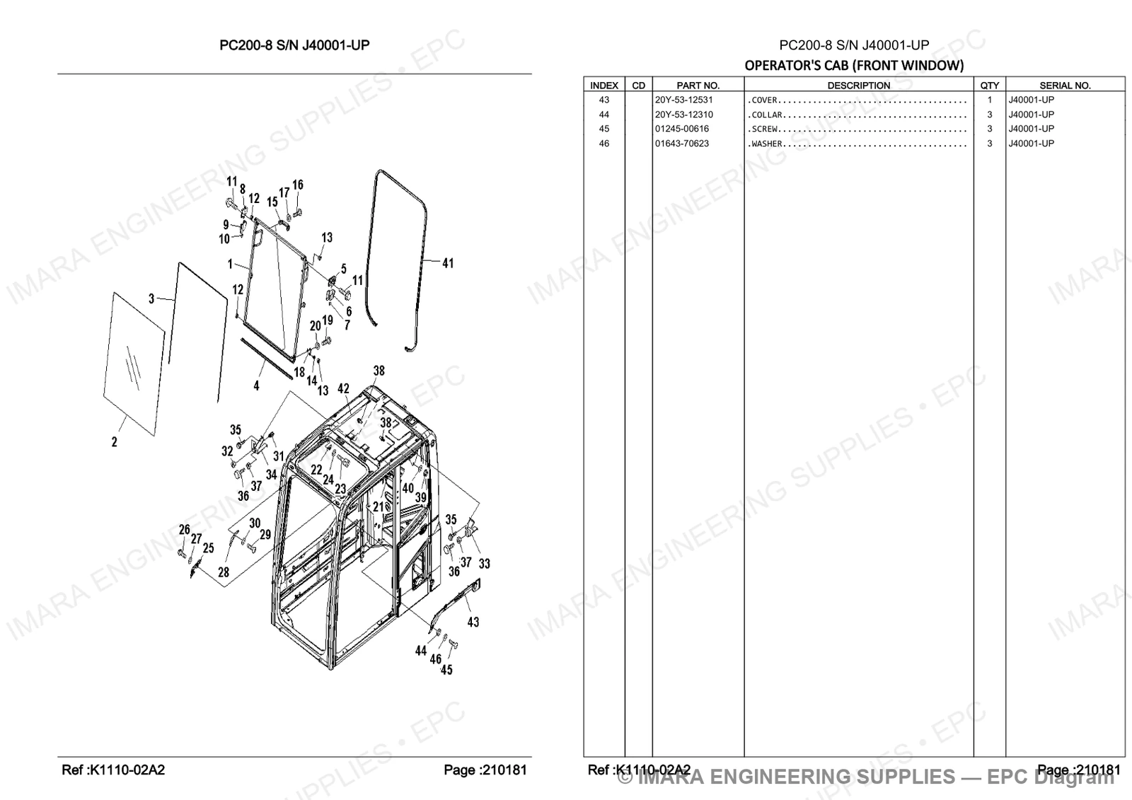 Komatsu PC200-8 Parts Diagram - OPERATOR'S CAB (FRONT WINDOW)
