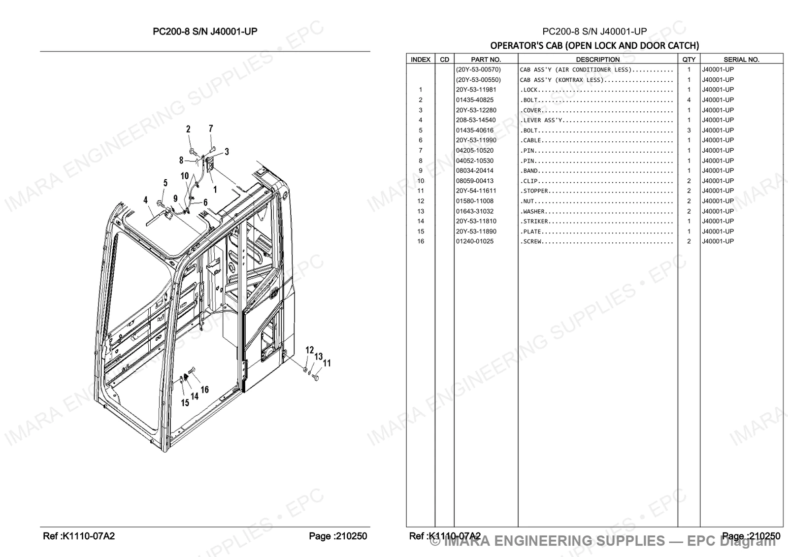 Komatsu PC200-8 Parts Diagram - OPERATOR'S CAB (OPEN LOCK AND DOOR CATCH)