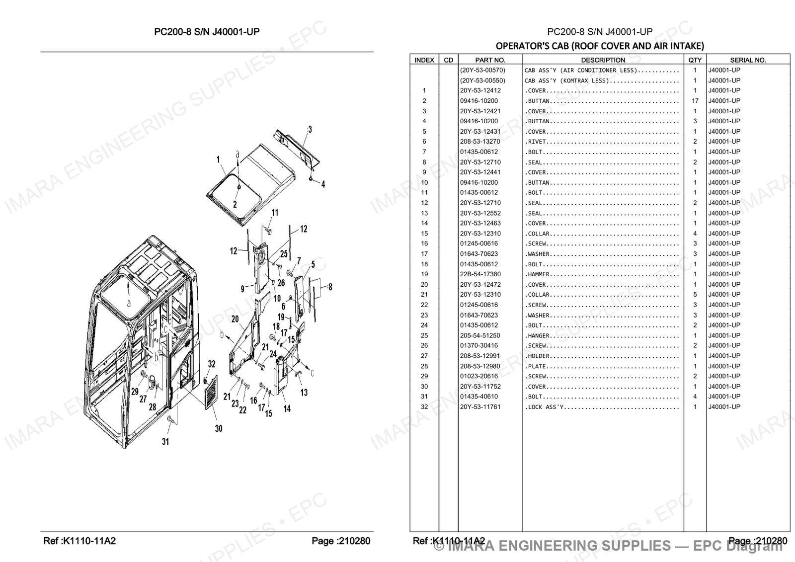 Komatsu PC200-8 Parts Diagram - OPERATOR'S CAB (ROOF COVER AND AIR INTAKE)