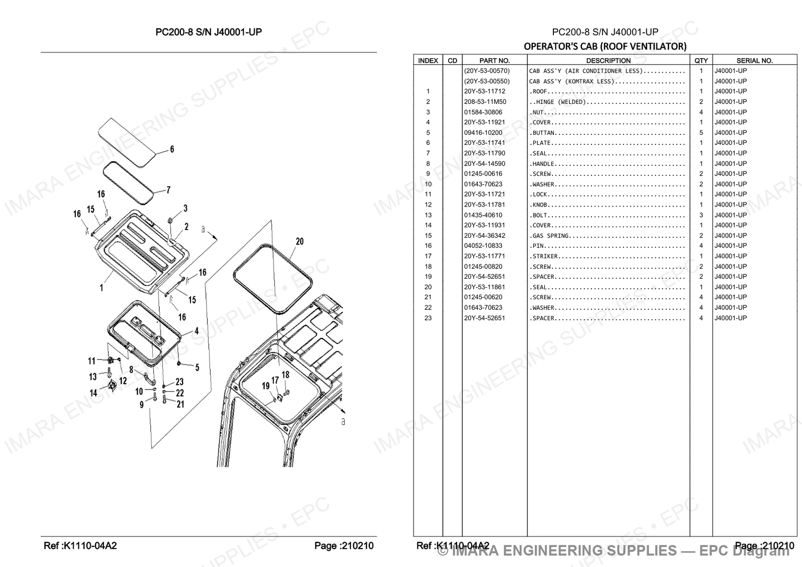 Komatsu PC200-8 Parts Diagram - OPERATOR'S CAB (ROOF VENTILATOR)