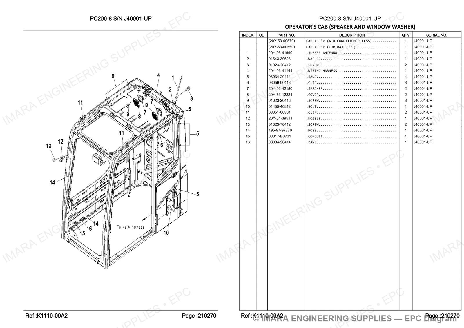 Komatsu PC200-8 Parts Diagram - OPERATOR'S CAB (SPEAKER AND WINDOW WASHER)