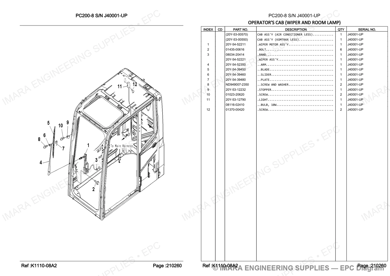 Komatsu PC200-8 Parts Diagram - OPERATOR'S CAB (WIPER AND ROOM LAMP)