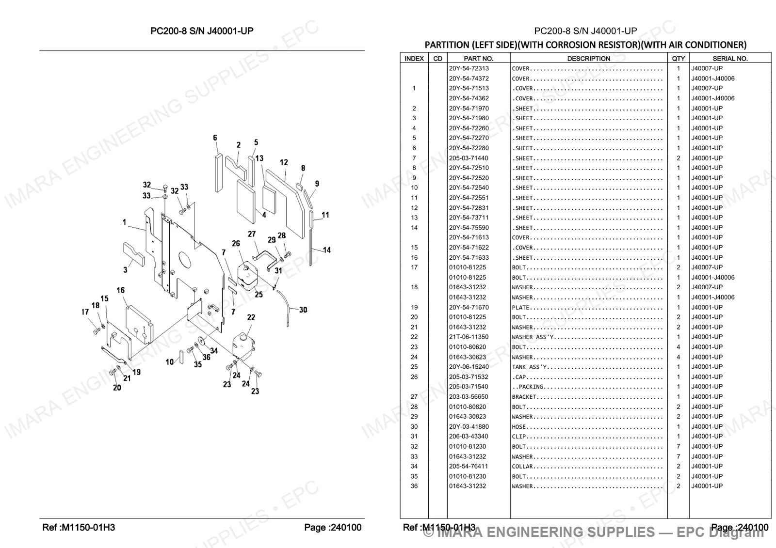 Komatsu PC200-8 Parts Diagram - PARTITION (LEFT SIDE)(WITH CORROSION RESISTOR)(WITH AIR CONDITIONER)