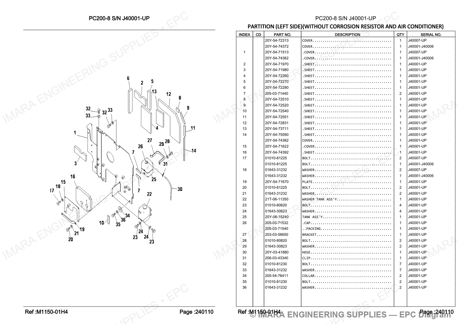 Komatsu PC200-8 Parts Diagram - PARTITION (LEFT SIDE)(WITHOUT CORROSION RESISTOR AND AIR CONDITIONER)