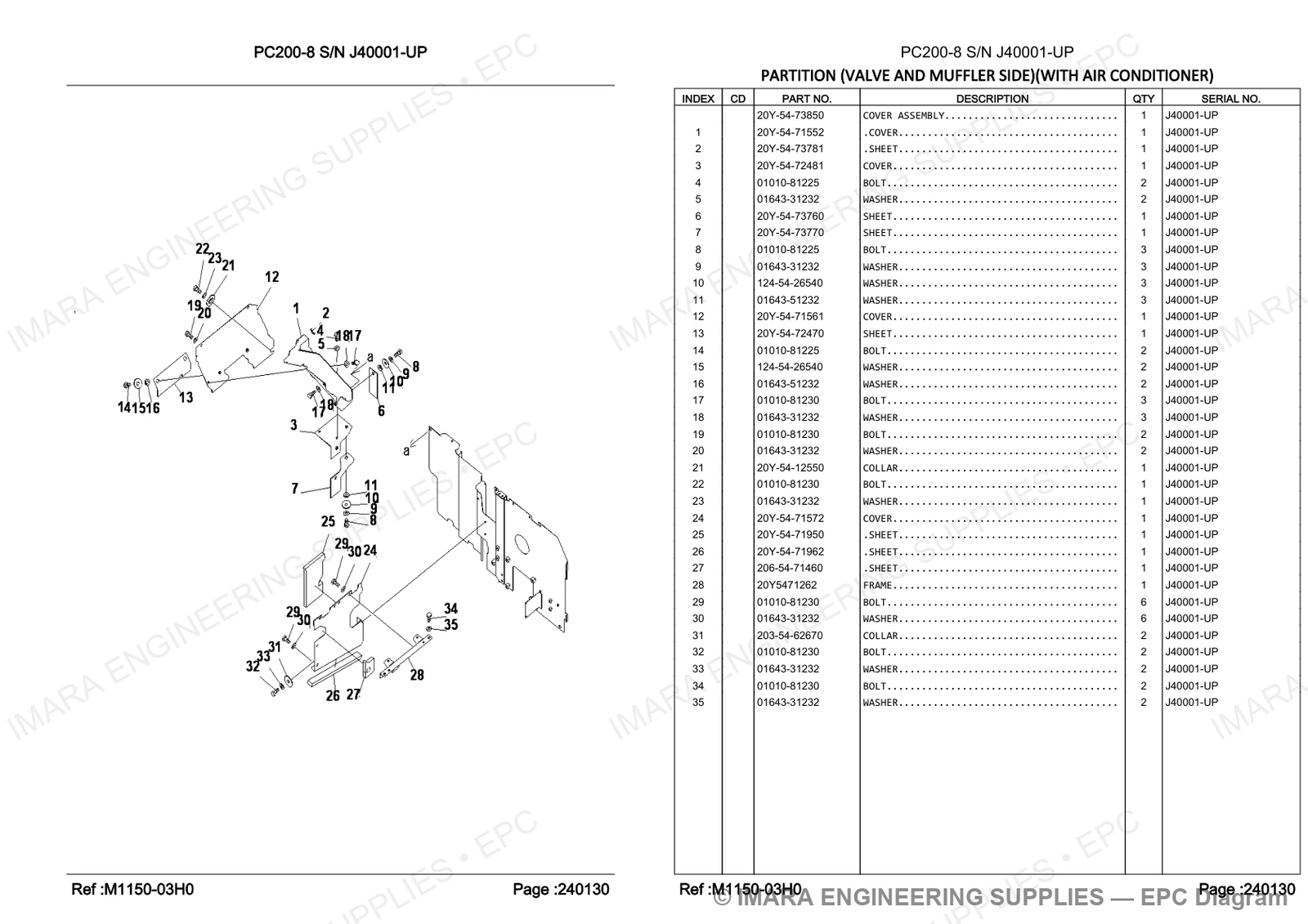 Komatsu PC200-8 Parts Diagram - PARTITION (VALVE AND MUFFLER SIDE)(WITH AIR CONDITIONER)