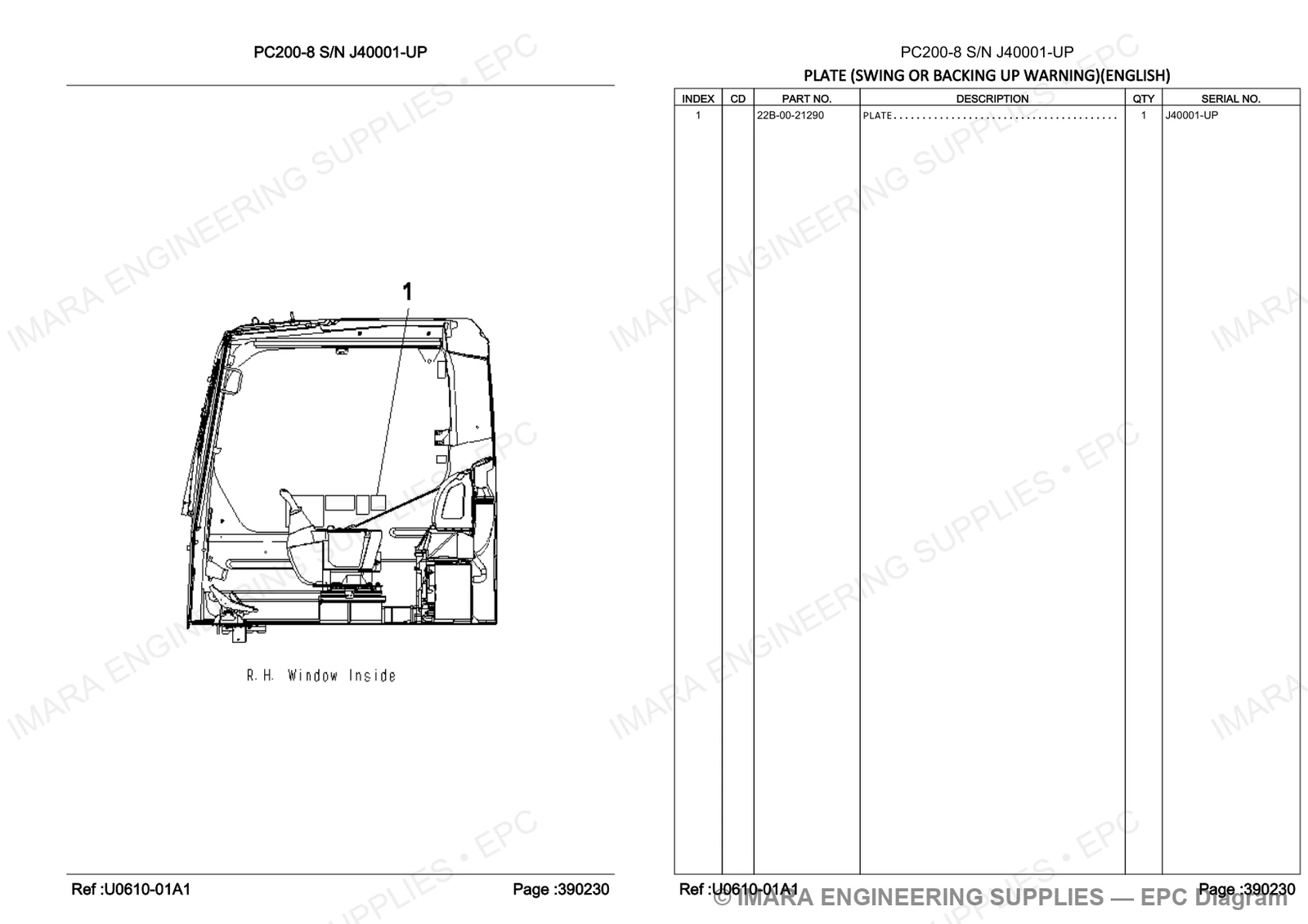 Komatsu PC200-8 Parts Diagram - PLATE (SWING OR BACKING UP WARNING)(ENGLISH)