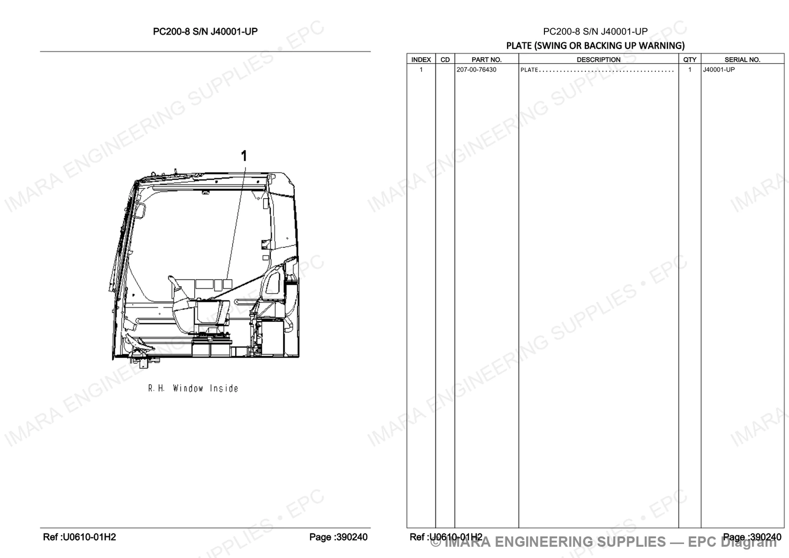 Komatsu PC200-8 Parts Diagram - PLATE (SWING OR BACKING UP WARNING)