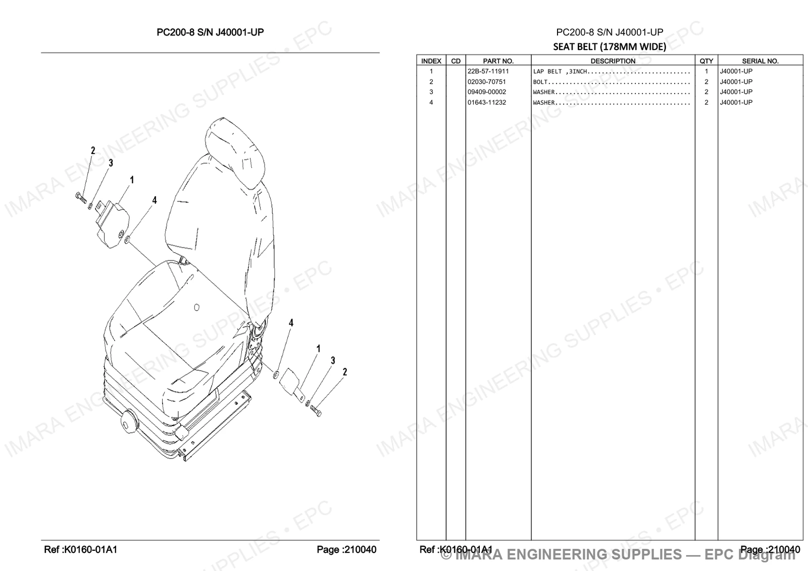 Komatsu PC200-8 Parts Diagram - SEAT BELT (178MM WIDE)