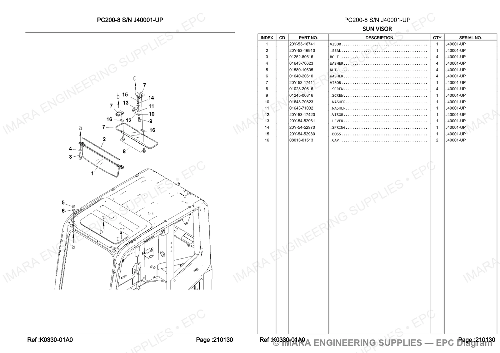 Komatsu PC200-8 Parts Diagram - SUN VISOR