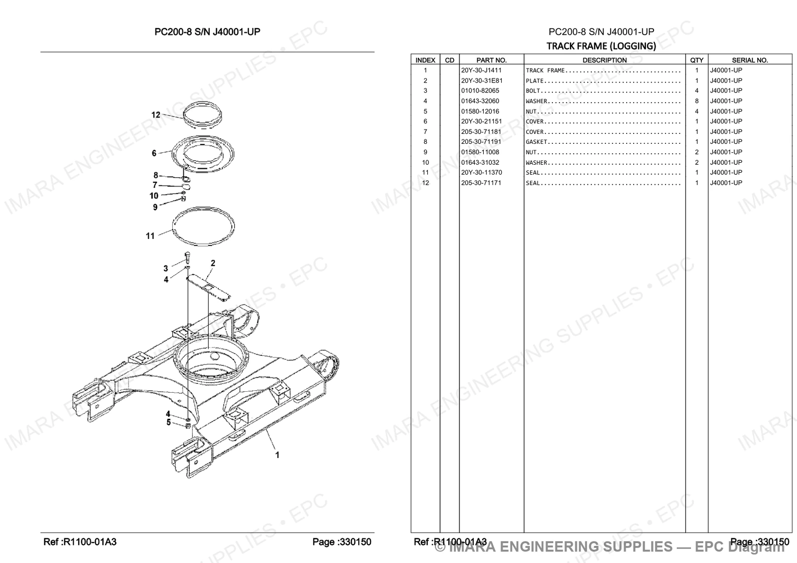Komatsu PC200-8 Parts Diagram - TRACK FRAME (LOGGING)