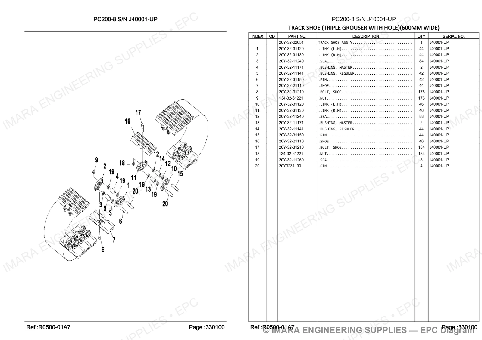 Komatsu PC200-8 Parts Diagram - TRACK SHOE (TRIPLE GROUSER WITH HOLE)(600MM WIDE)