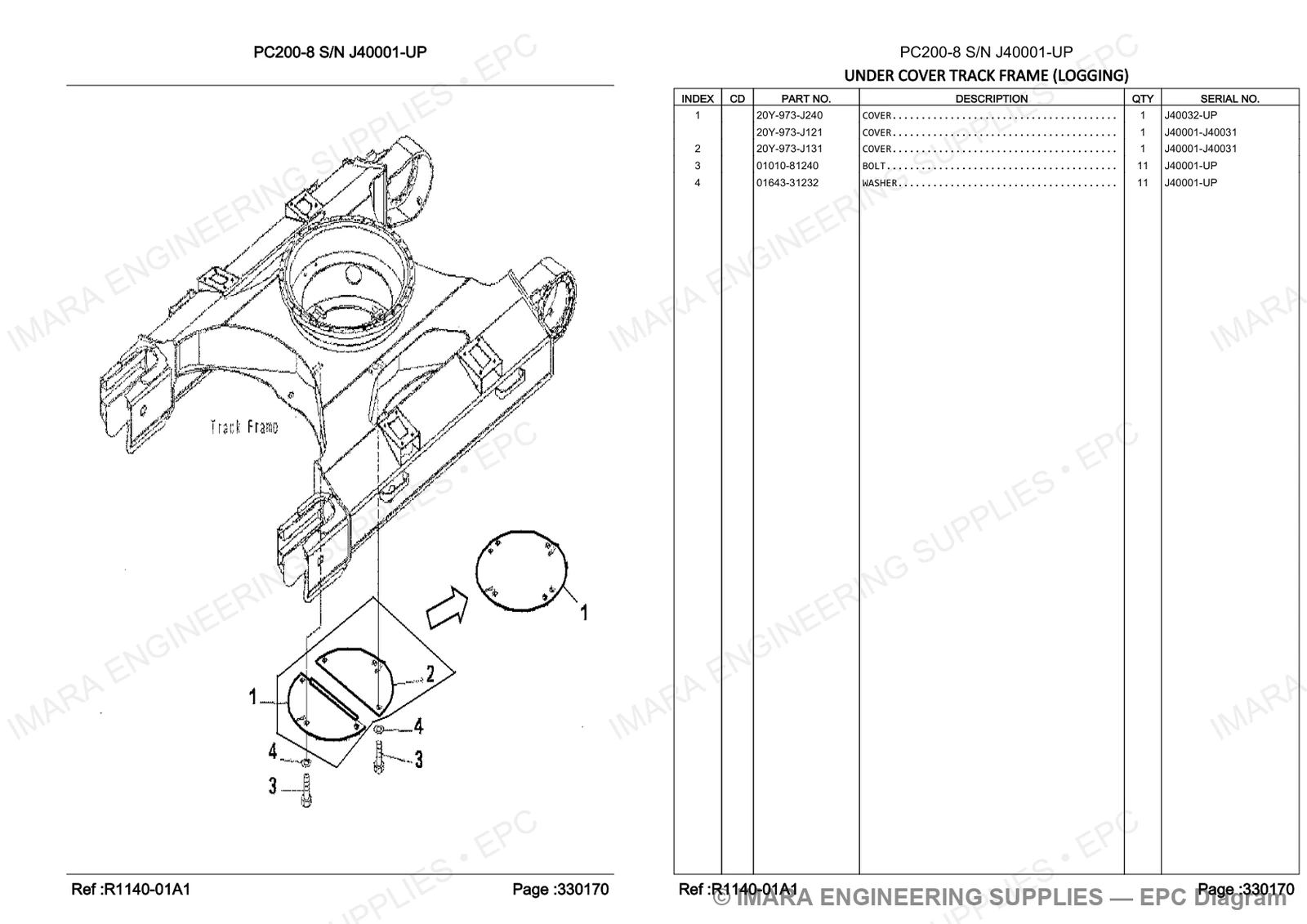 Komatsu PC200-8 Parts Diagram - UNDER COVER TRACK FRAME (LOGGING)