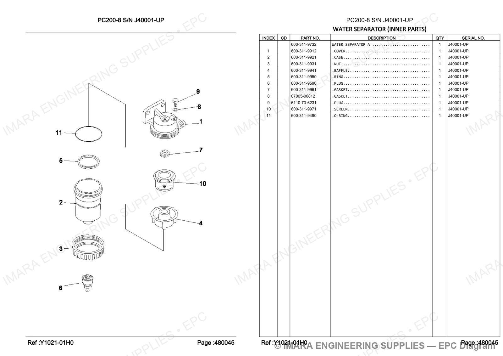 Komatsu PC200-8 Parts Diagram - WATER SEPARATOR (INNER PARTS)