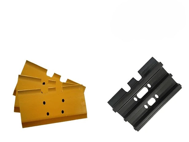 Steel excavator track shoes providing traction and ground stability