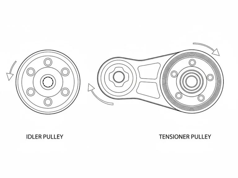 Engine belt tensioners and pulleys for maintaining correct belt alignment